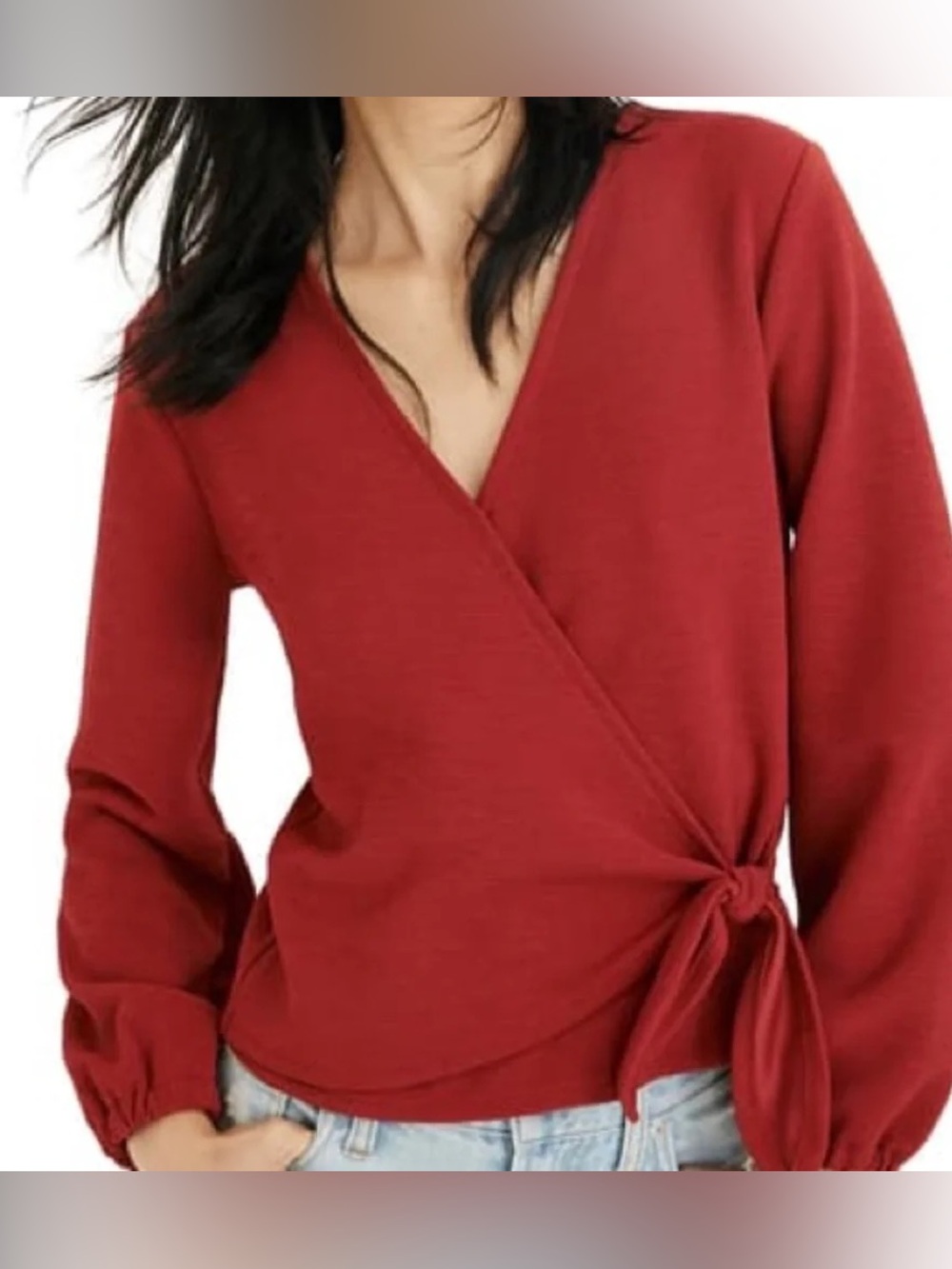 Madewell - Texture & Thread Red Crepe V Neck Long Sleeve Wrap Blouse Size Small